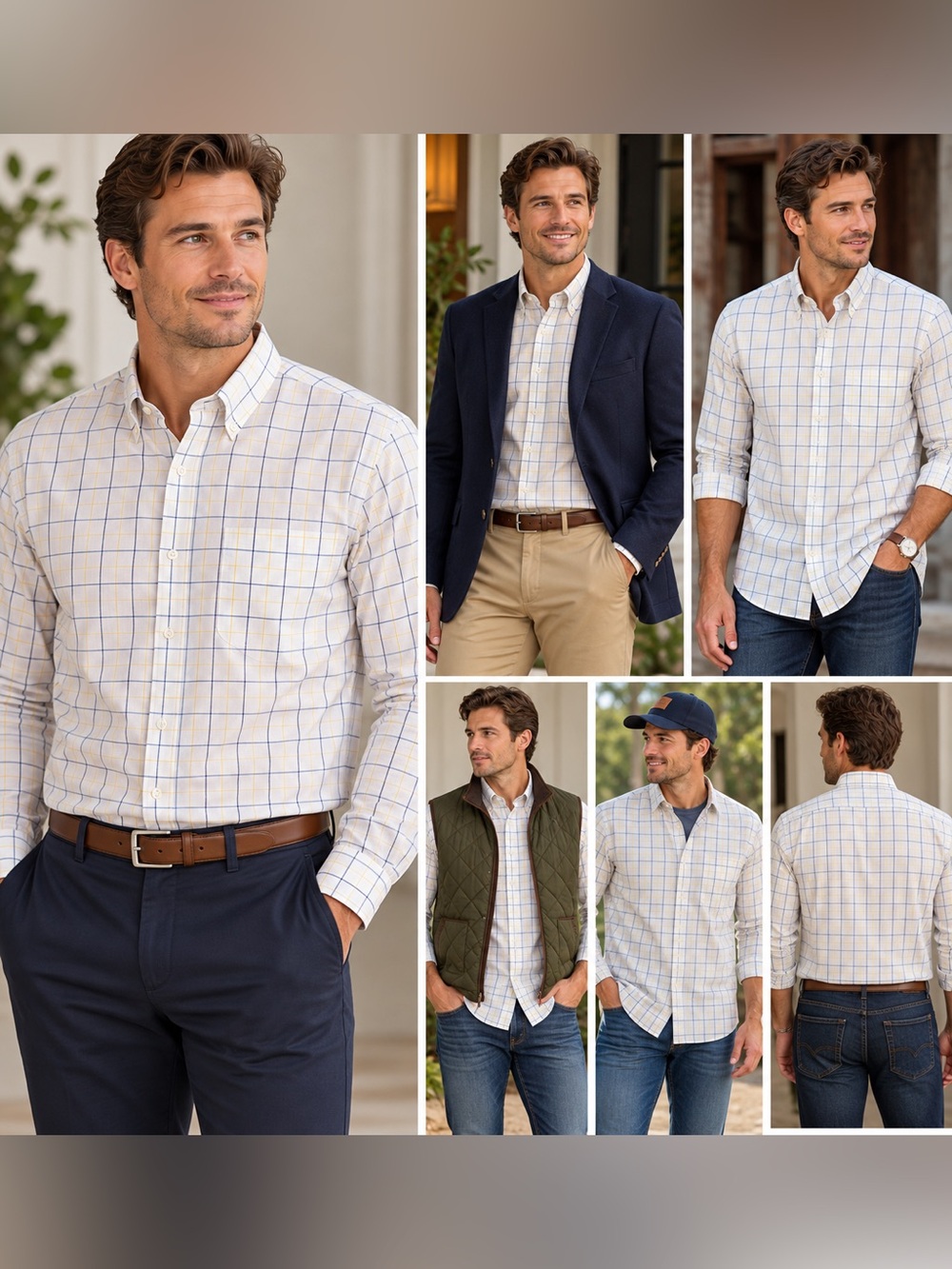 Duluth Trading Co Men’s L Windowpane Plaid Button Down Shirt White Blue Yellow